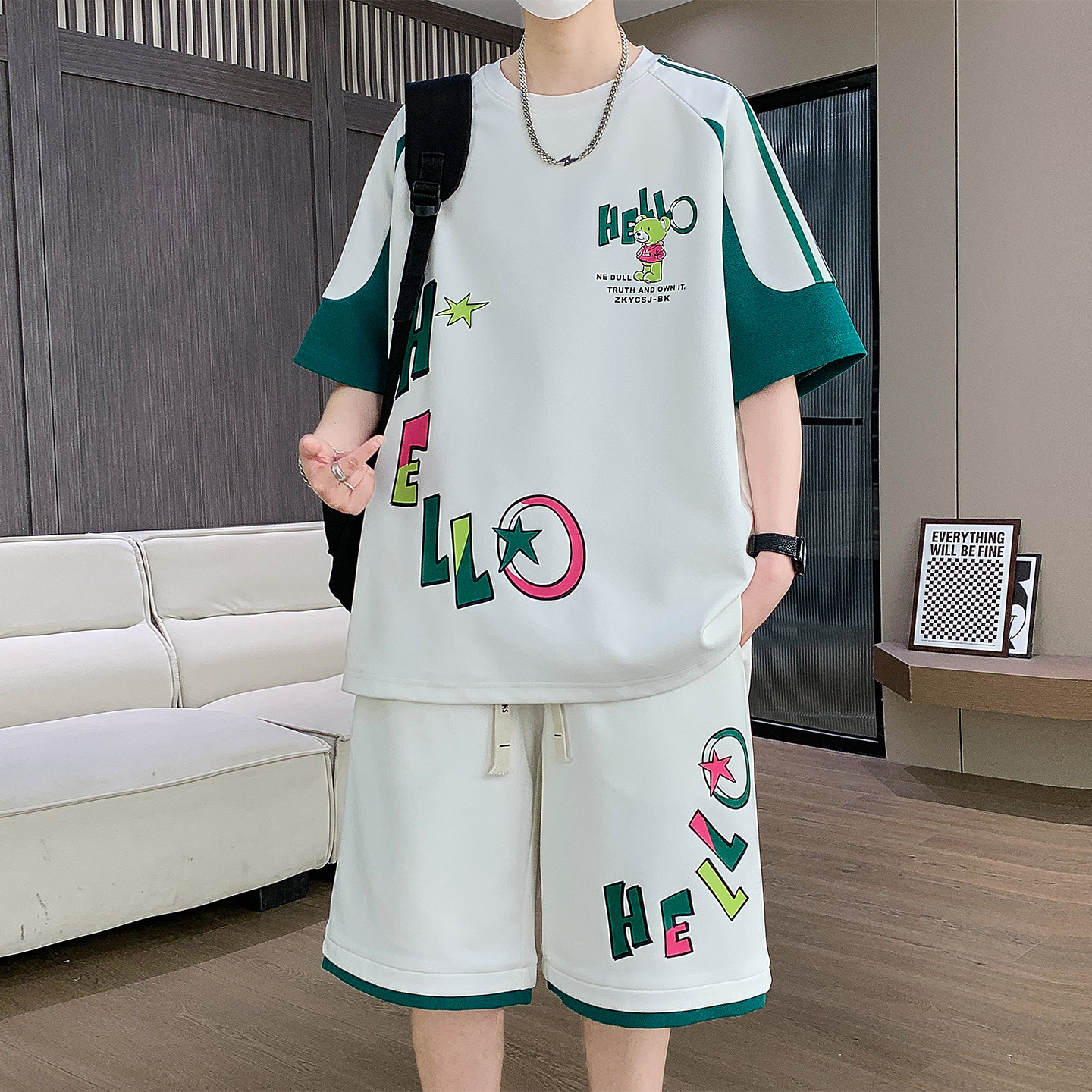 专柜短袖套装男夏季2026新款宽松运动短裤两件套青少年帅气穿搭一