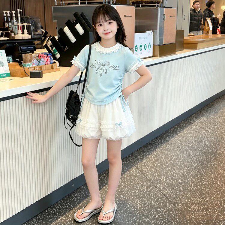 女童夏套装2026新款儿童夏天韩系穿搭蕾丝花边T短袖花苞裙裤薄款