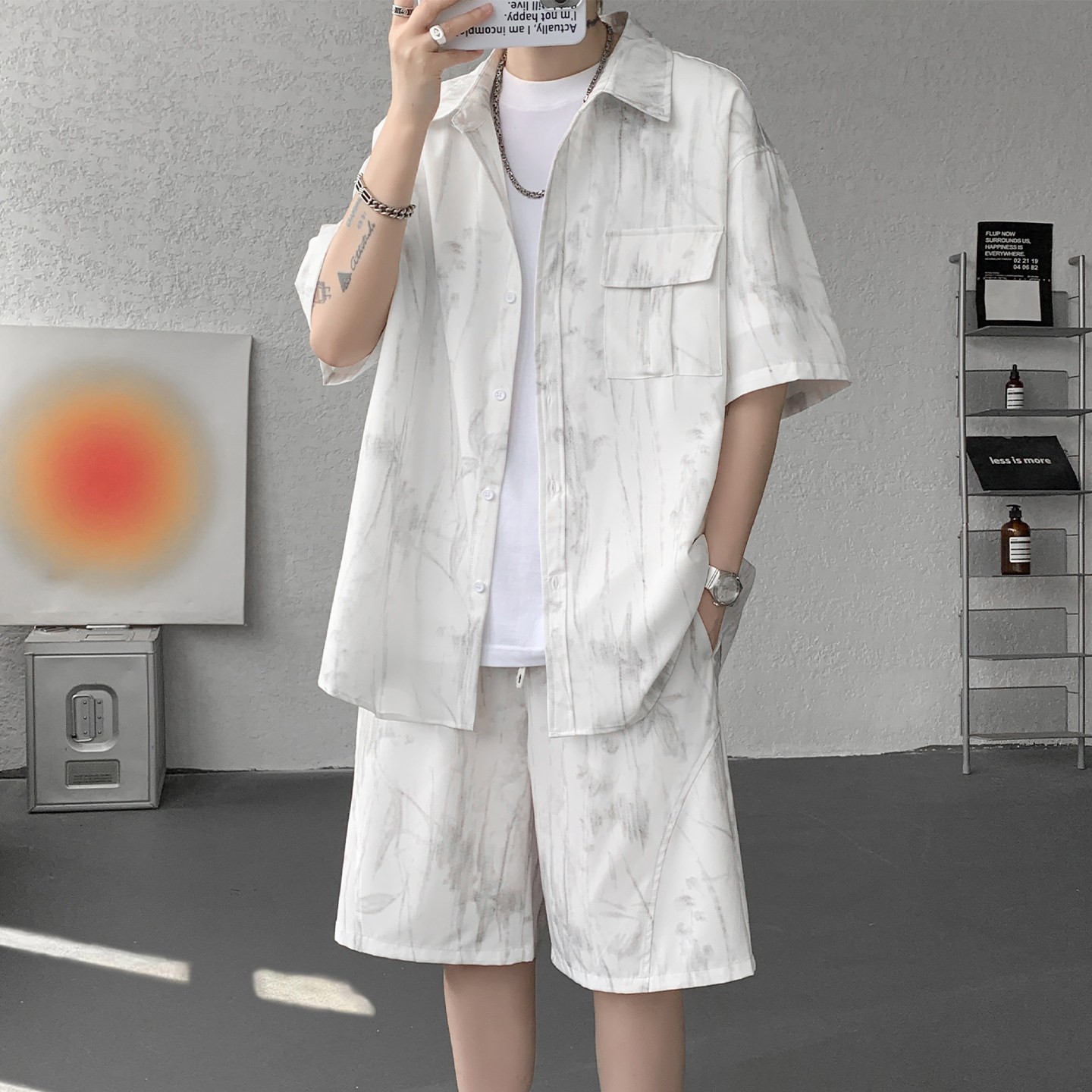 专柜新中式扎染套装男夏季2026新款宽松衬衫短裤两件套男装一套衣