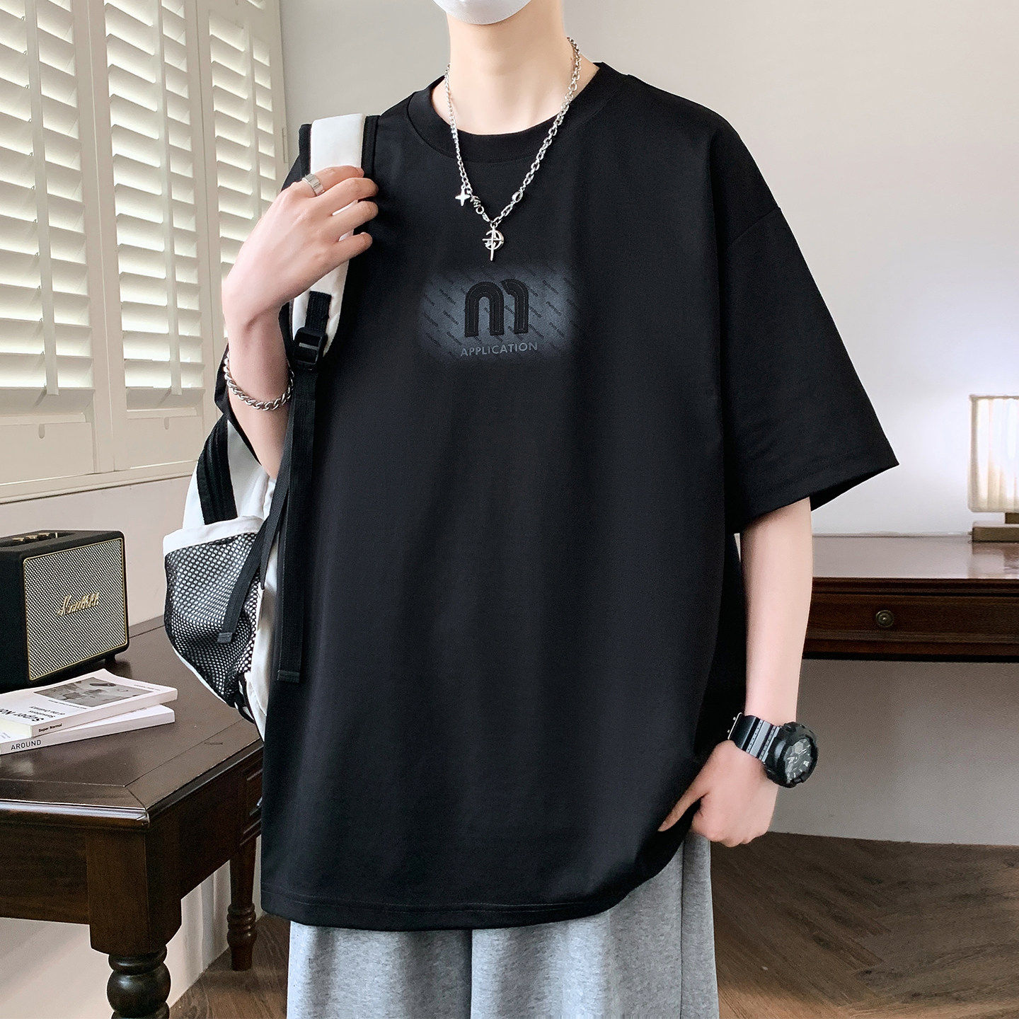 专柜黑色短袖t恤男夏季新款美式字母印花凉感半袖上衣男潮流休闲