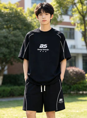 专柜休闲运动套装男夏季新款宽松印花短袖短裤两件套青少年帅气衣