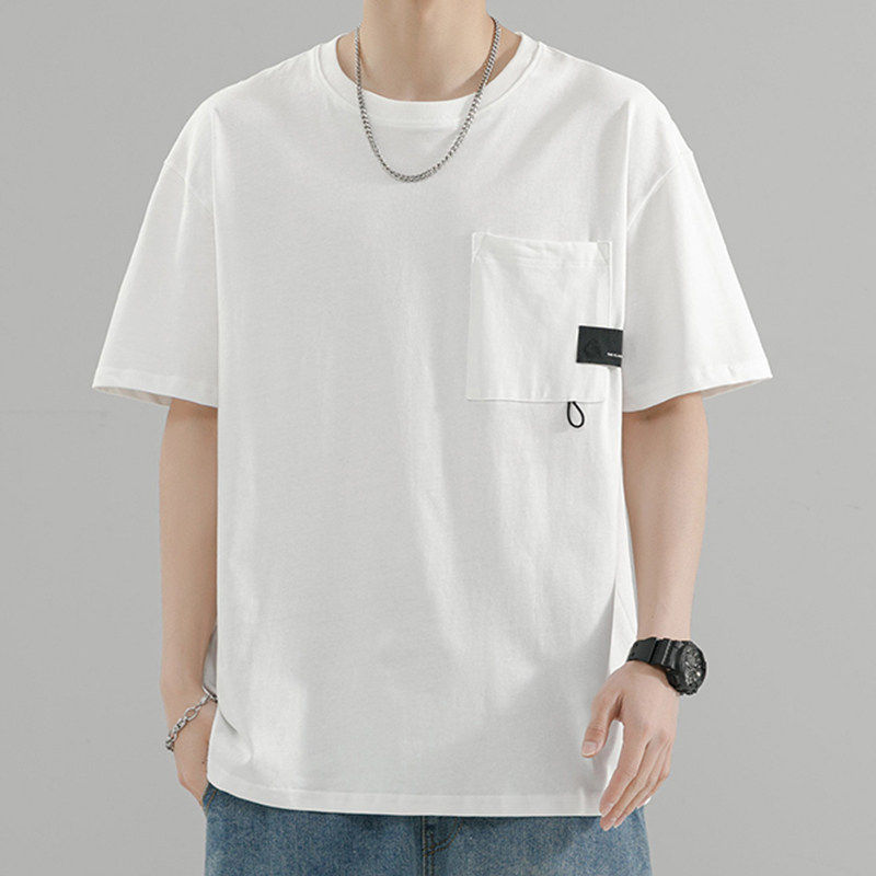 专柜白色短袖男夏季宽松圆领上衣服口袋装饰五分体恤半袖纯色休闲