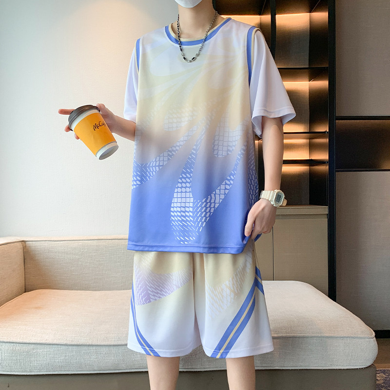 专柜冰丝凉感短袖t恤男夏季休闲运动套装男生渐变色速干篮球服两