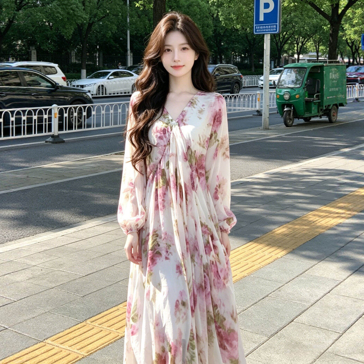 专柜复古风独特超好看的V领印花茶歇连衣裙漂亮绝美不撞款裙子26