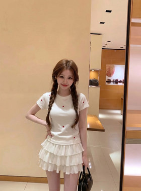 专柜韩系白色正肩短袖t恤女夏季甜妹风收腰显瘦百搭圆领上衣