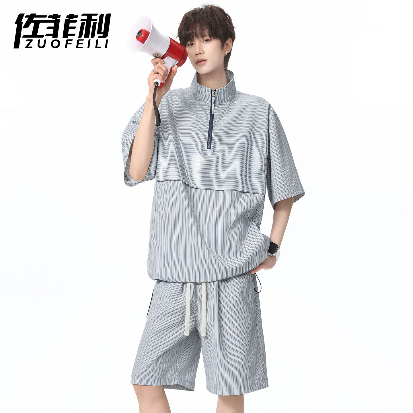 专柜半拉链立领短袖套装男夏季薄款休闲运动一套搭配青少年痞帅两