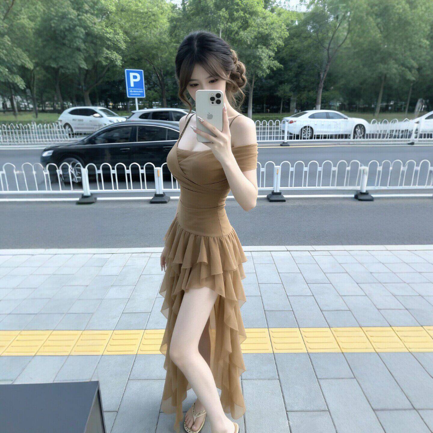 专柜小众设计感超好看的一字肩不规则裙子复古漂亮独特吊带连衣裙