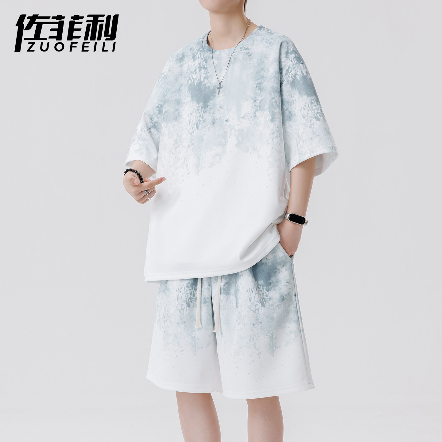 专柜渐变扎染休闲运动套装男夏季新款宽松短袖短裤男青少年潮流两