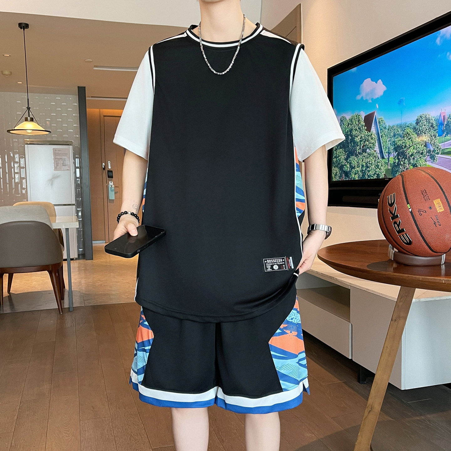 专柜假两件篮球服套装男夏季冰丝速干宽松短袖短裤男青少年运动两