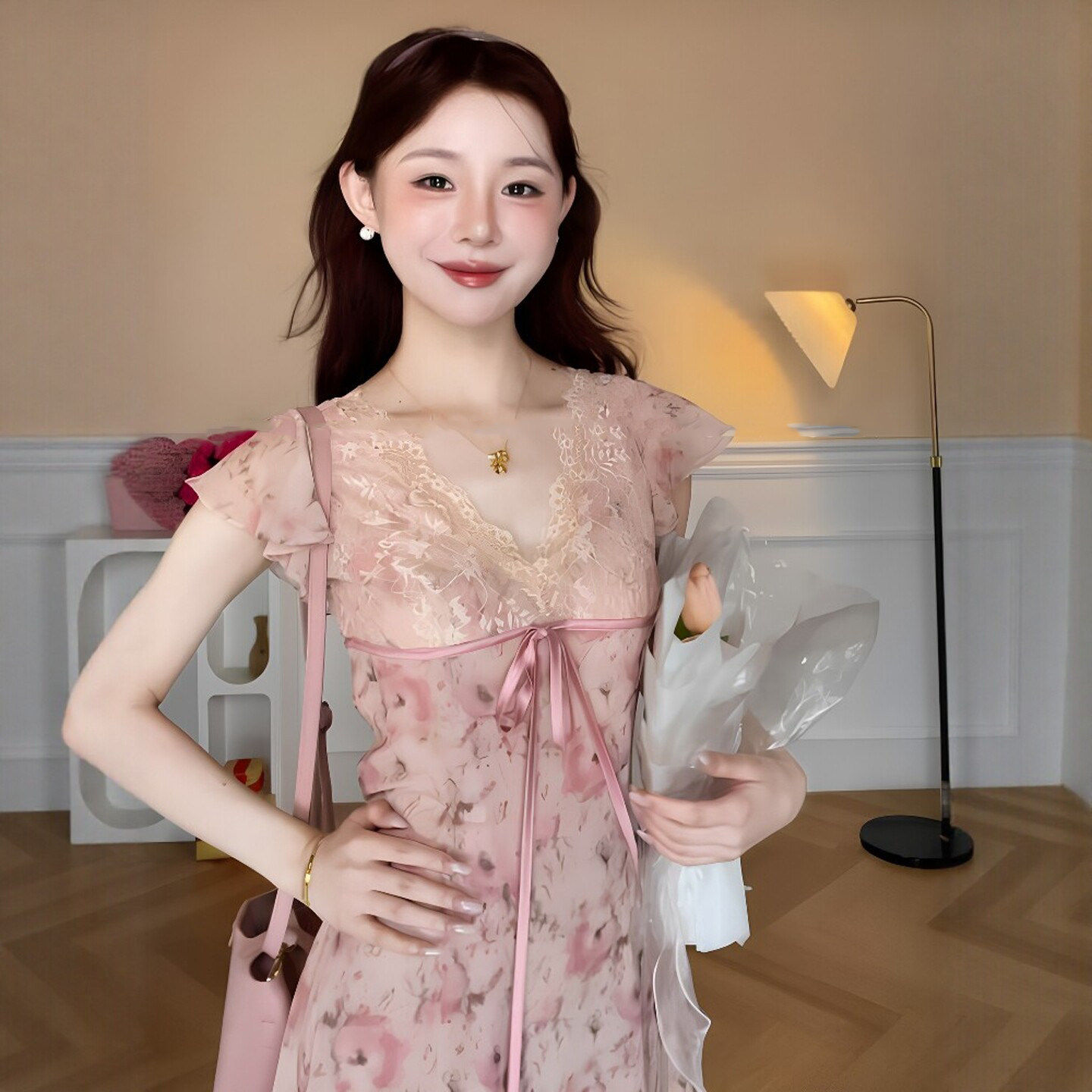 专柜御姐独特绝美V领碎花修身显瘦吊带长裙海边穿搭度假风连衣裙2