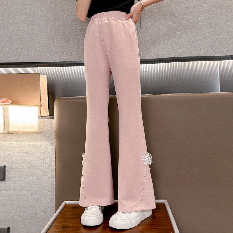 女大童脚口钉珠针织喇叭裤夏季薄款2026新款洋气休闲女孩微喇裤子