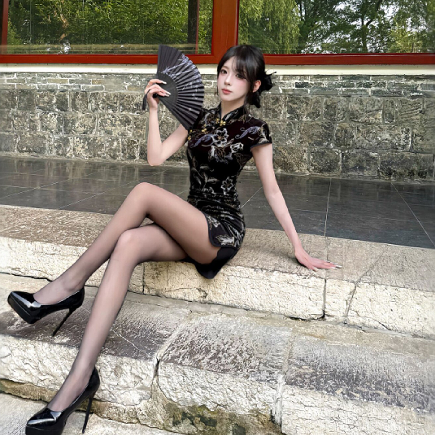 专柜新中式国风改良旗袍连衣裙复古时尚气质感印花修身包臀短裙26