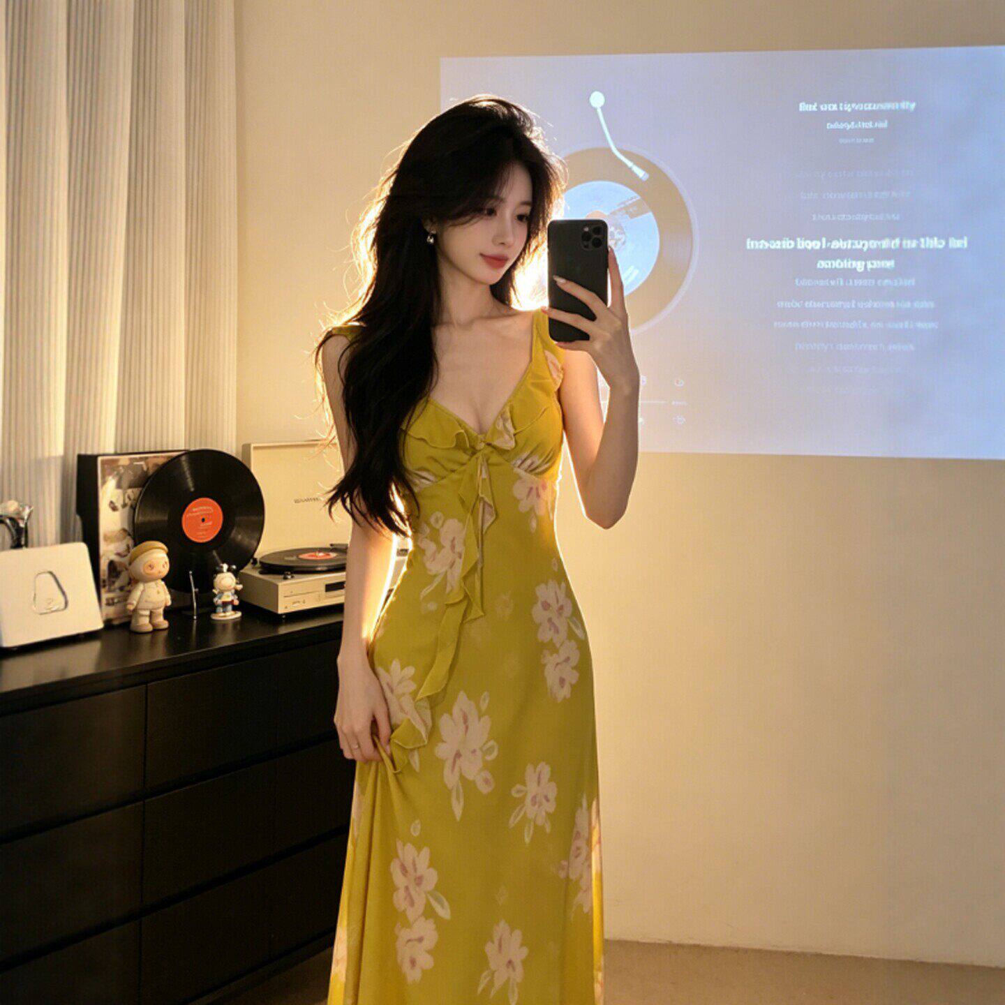 专柜御姐风独特超好看的V领印花吊带连衣裙时尚气质感修身长裙26