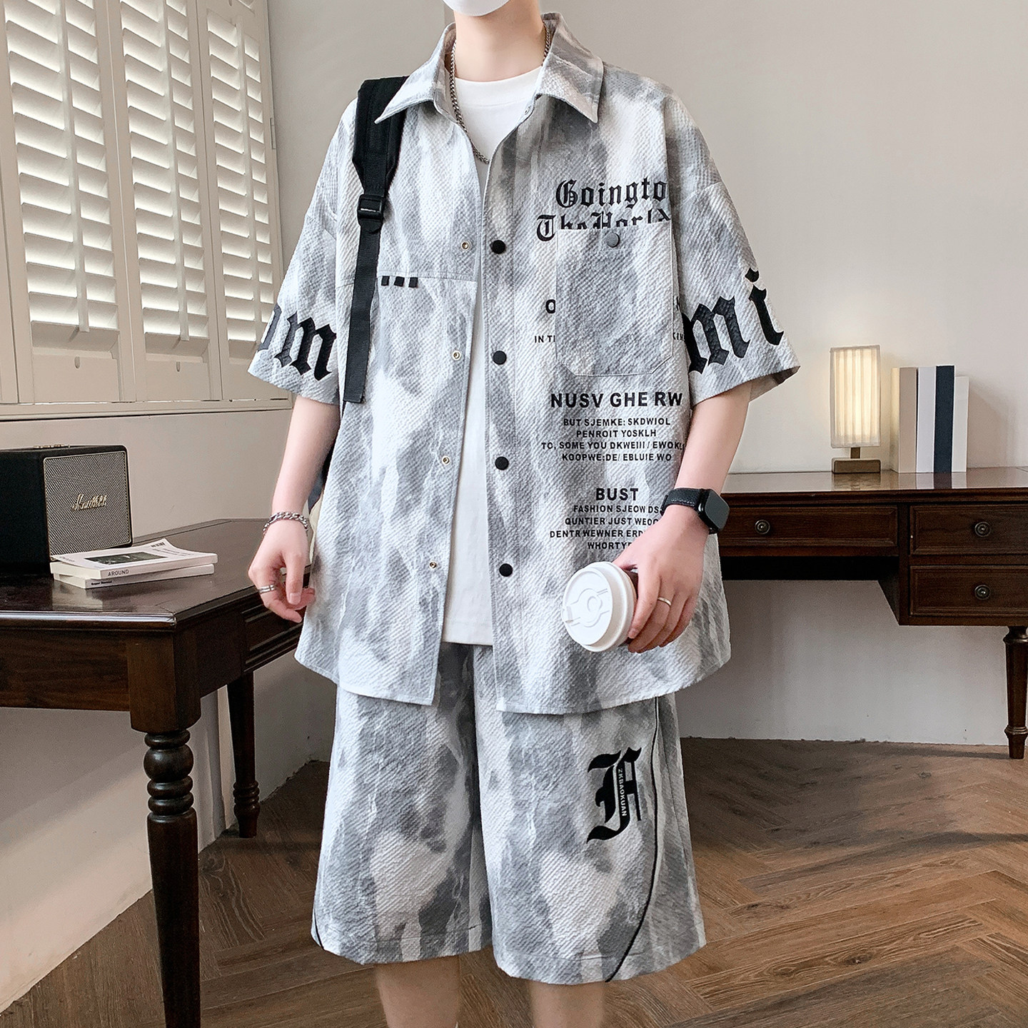 专柜短袖短裤两件套男夏季新款潮牌运动休闲一套搭配帅气衣服衬衫