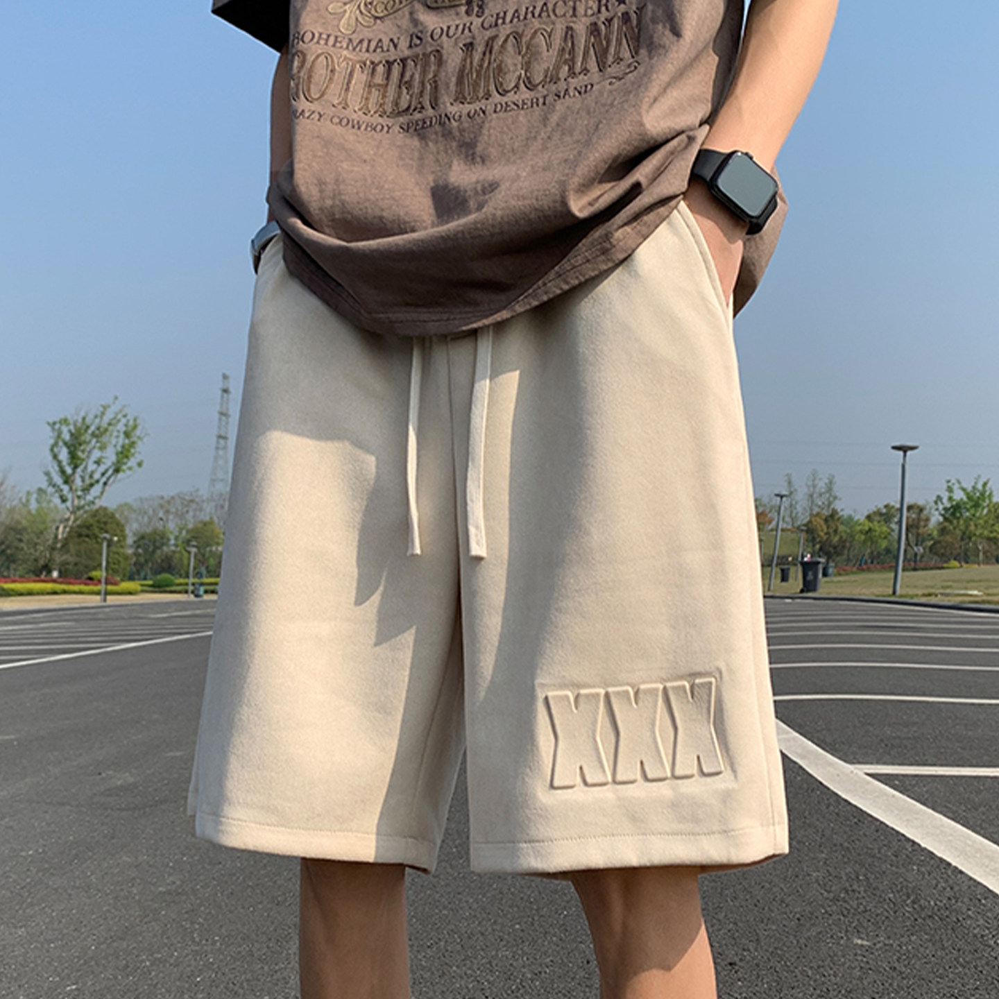 专柜钢印冰丝短裤男夏季新款潮牌美式风凉感五分裤子户外休闲大裤