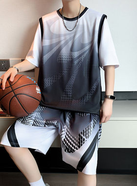 专柜篮球服套装男夏季冰丝速干短袖短裤一套搭配帅气休闲青少年运