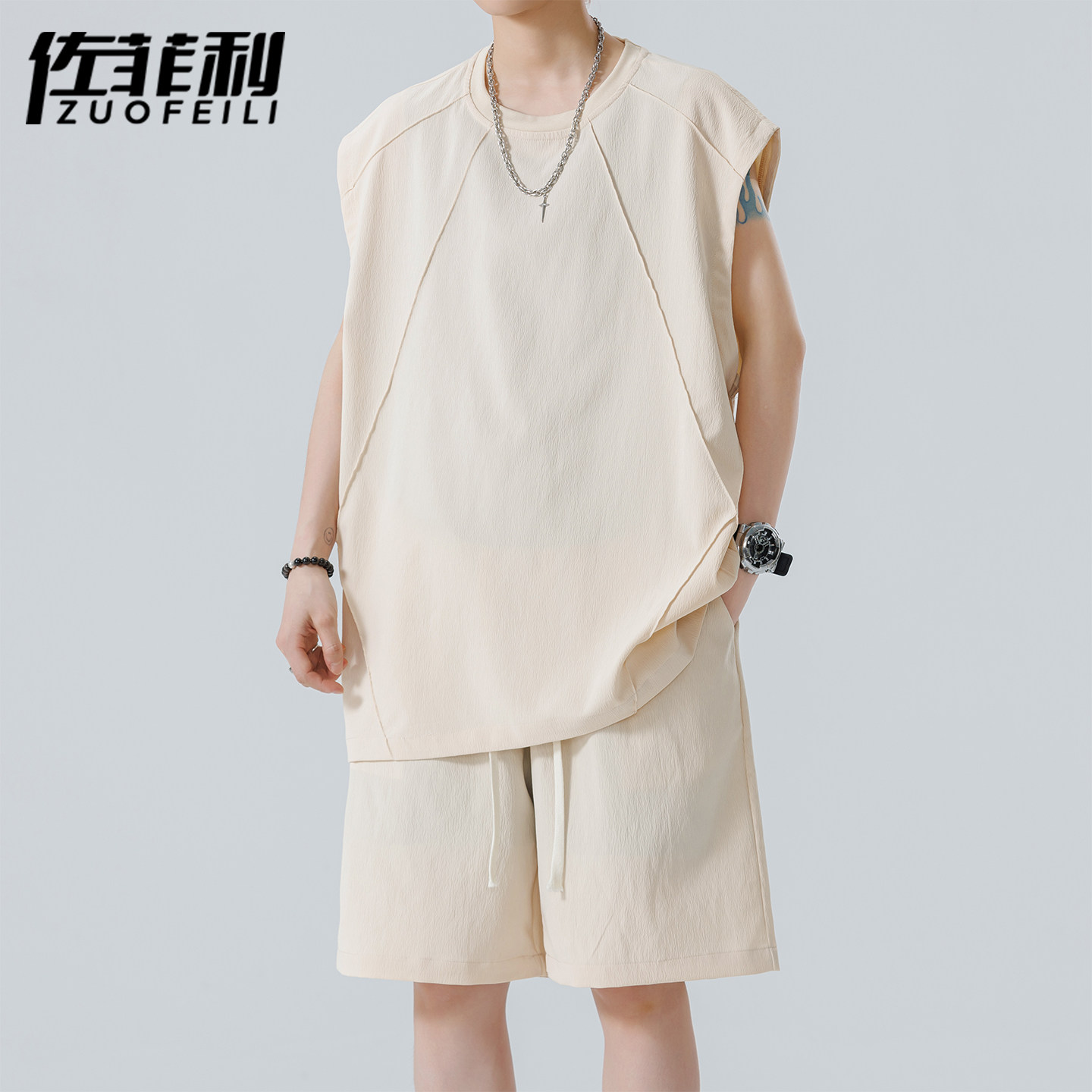 专柜亚麻无袖套装男夏季新款宽松休闲背心短裤两件套搭配帅气一套