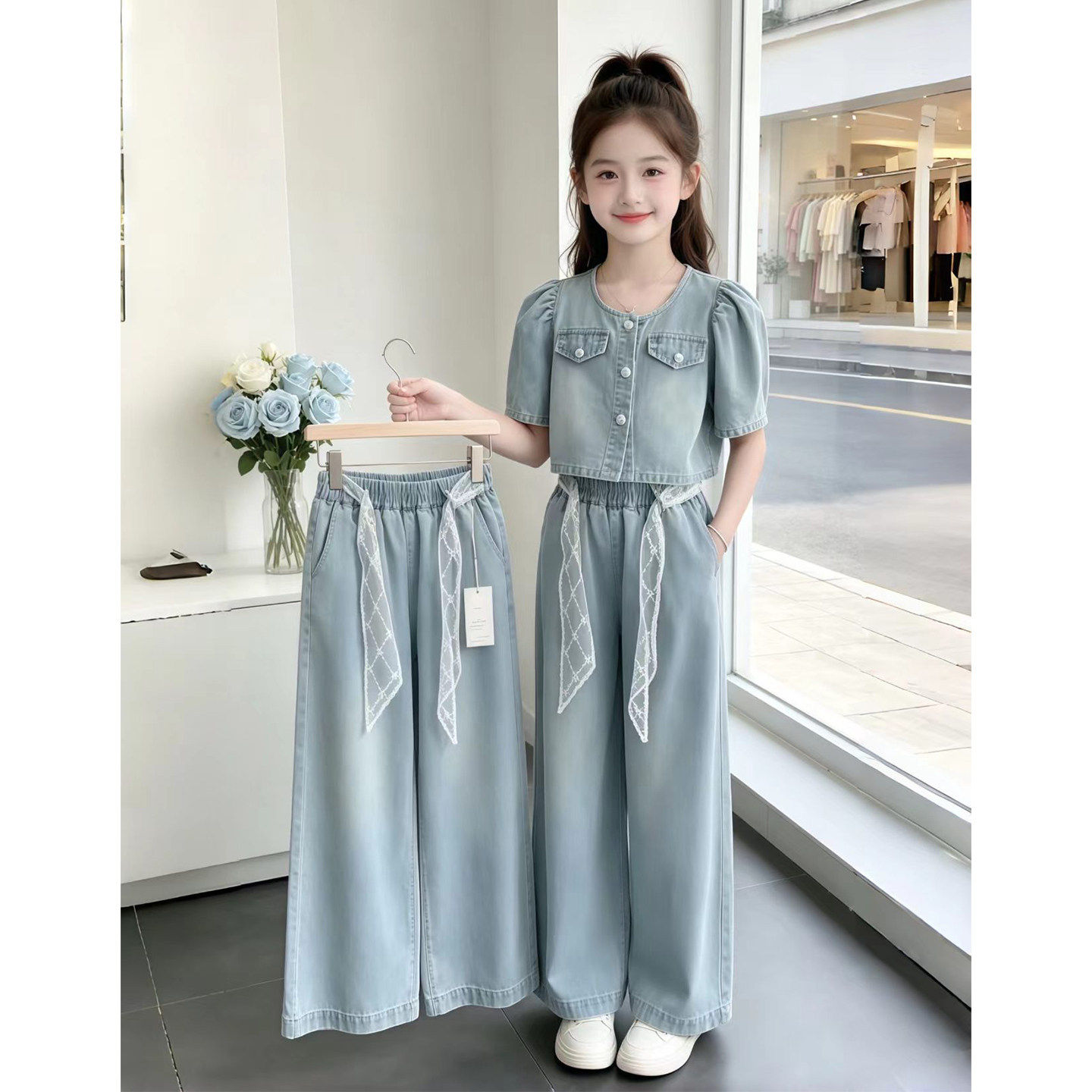 女童牛仔短袖套装2026夏新款洋气时尚女孩阔腿裤薄款夏季两件套潮