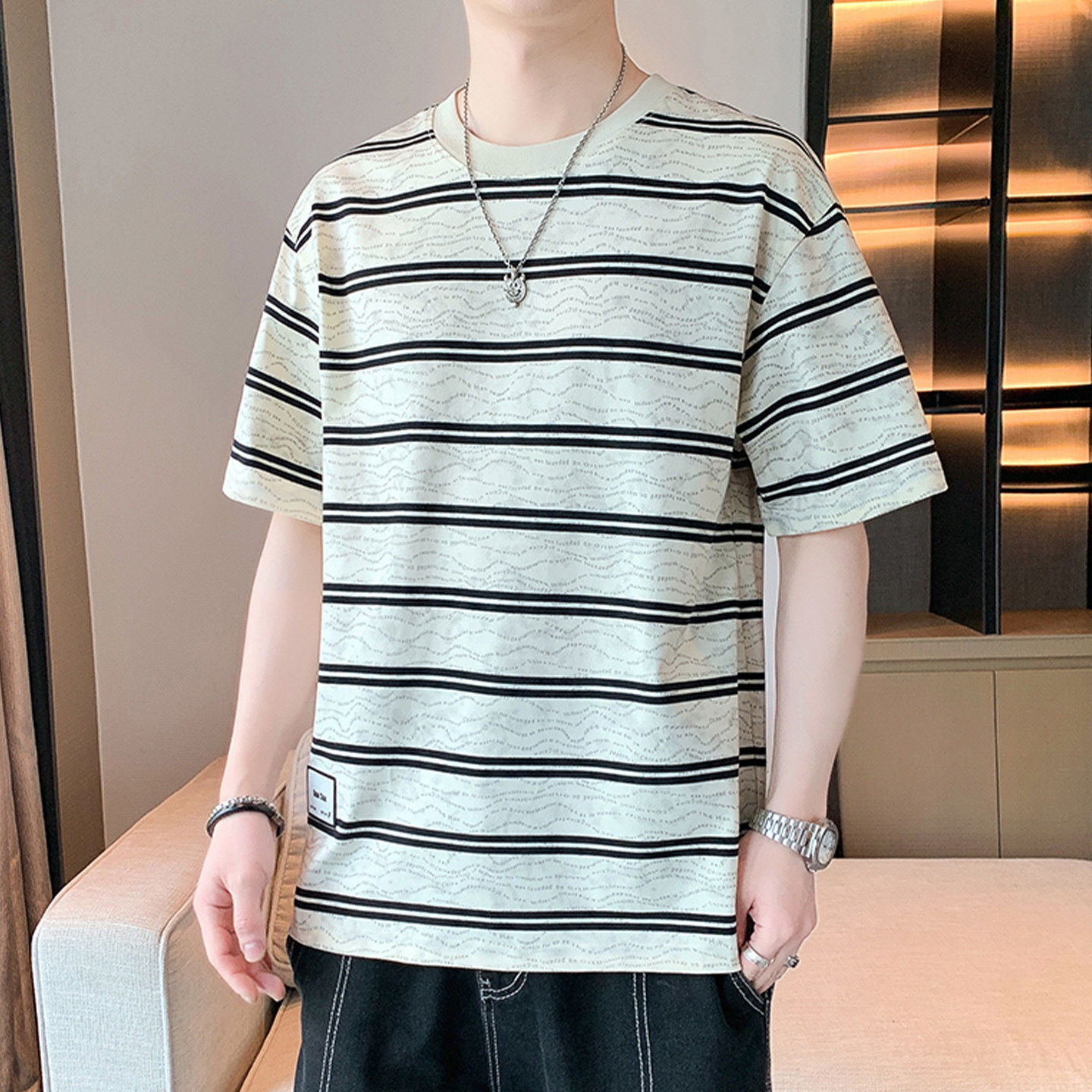 专柜美式风条纹短袖男夏季薄款2026新款圆领半袖衣服凉感青少年T