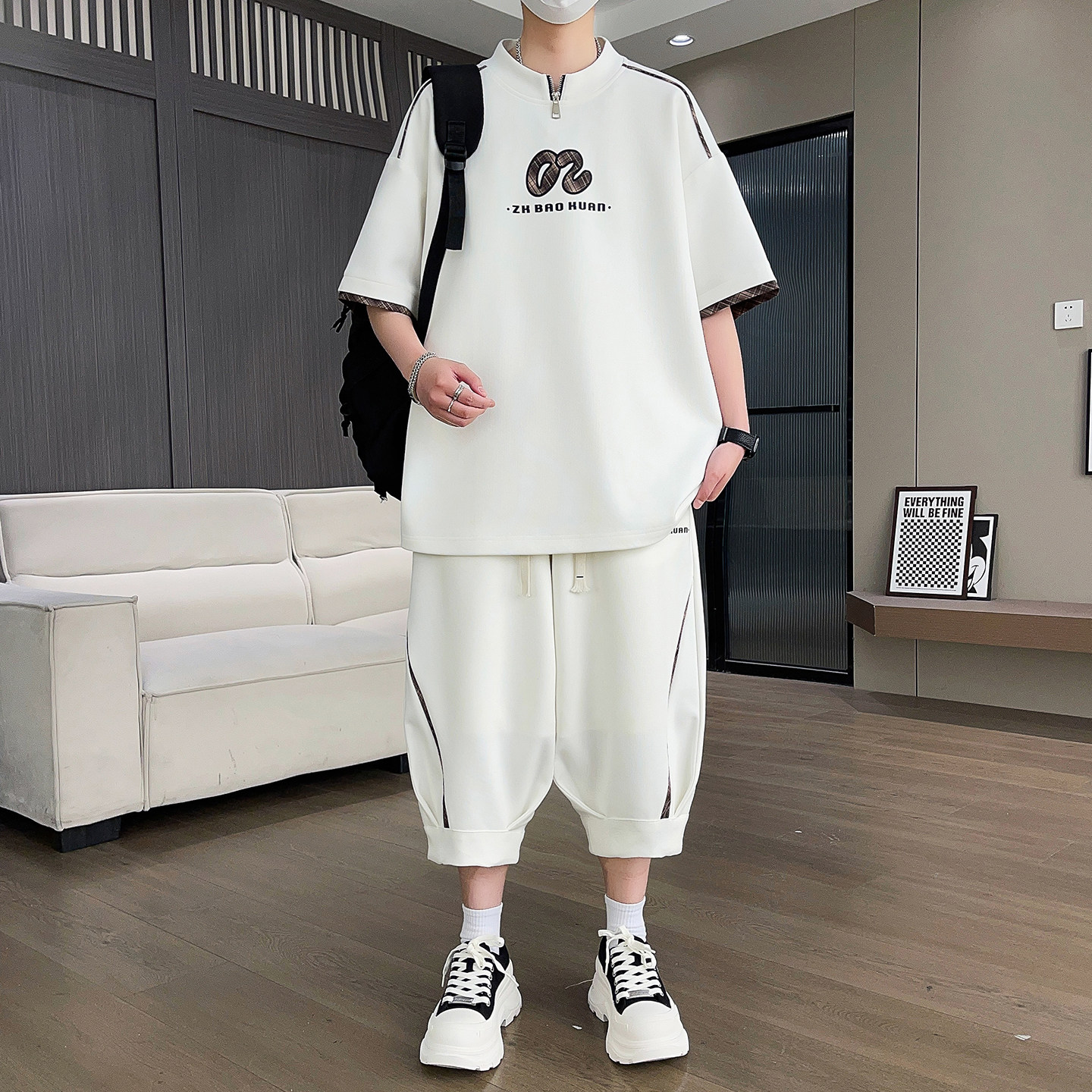 专柜美式半拉链休闲运动套装男士夏季新款高级感短袖七分裤两件套