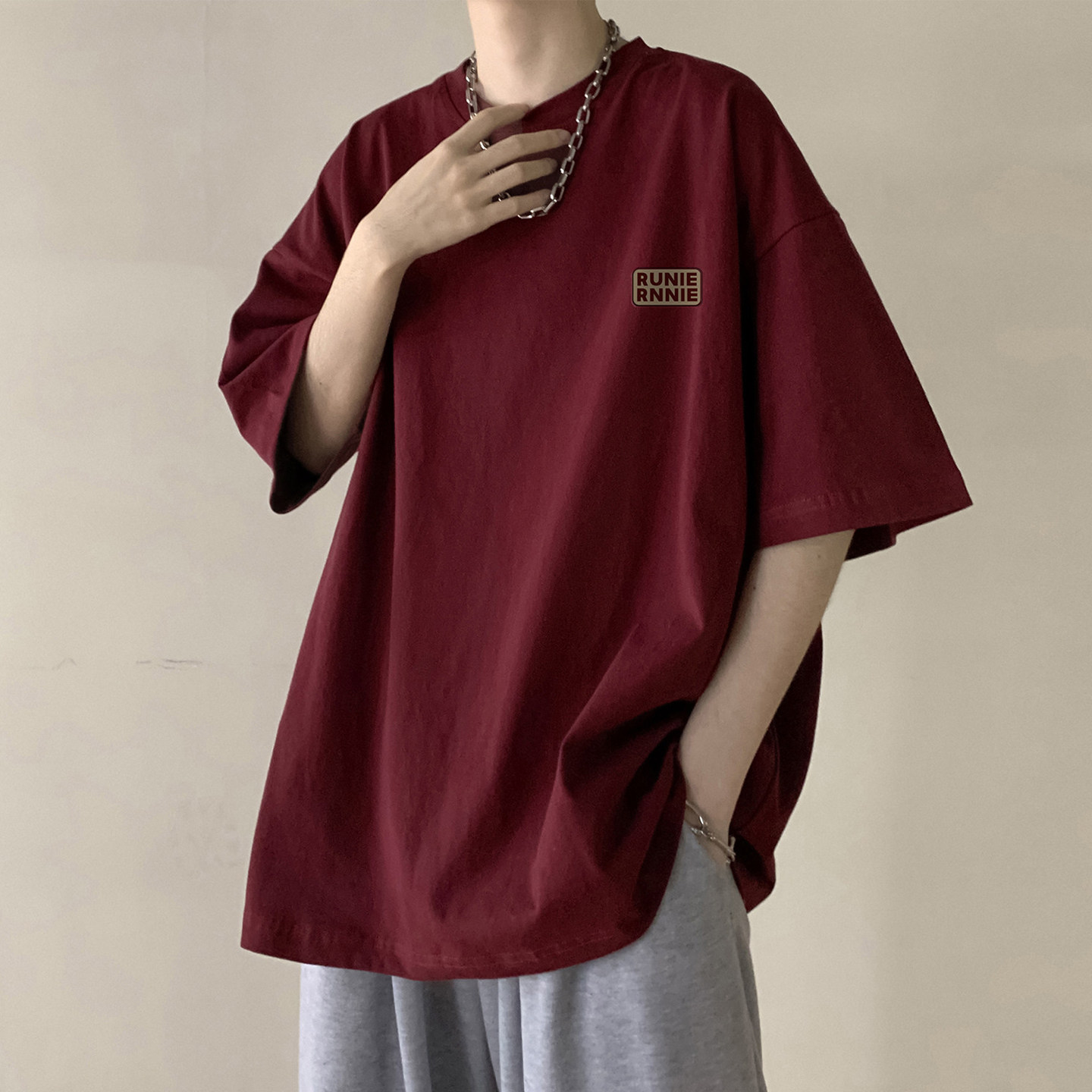 专柜纯棉短袖T恤男夏季2026新款圆领宽松落肩袖半袖衣服凉感潮牌
