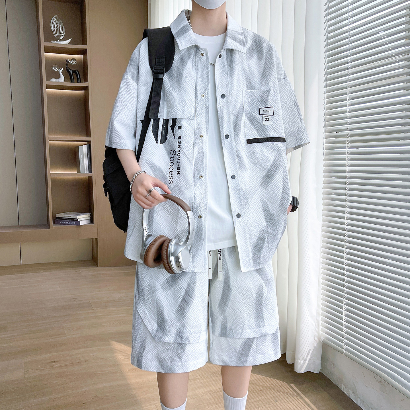专柜肌理感衬衫套装男夏季新款休闲运动短袖两件套青少年帅气搭配