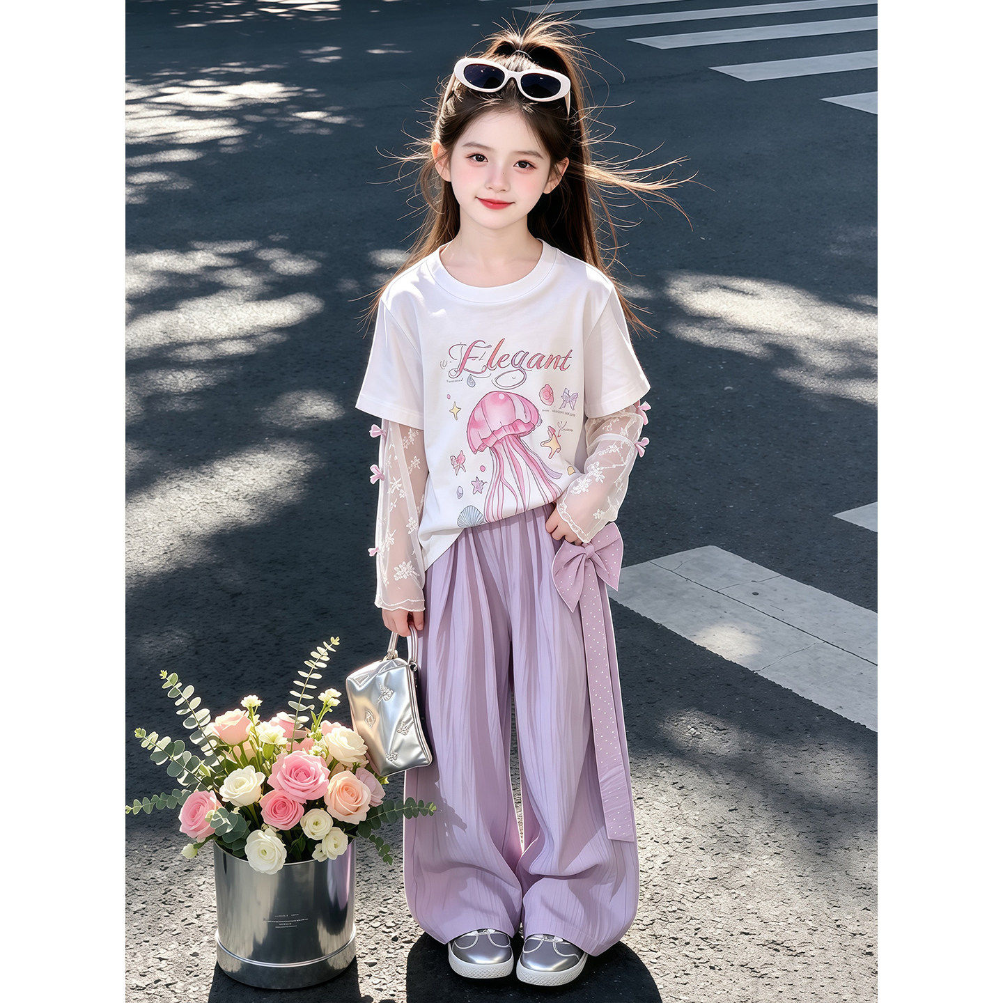 女童防晒衣套装夏季2026新款儿童洋气长袖T恤女孩夏装时髦阔腿裤