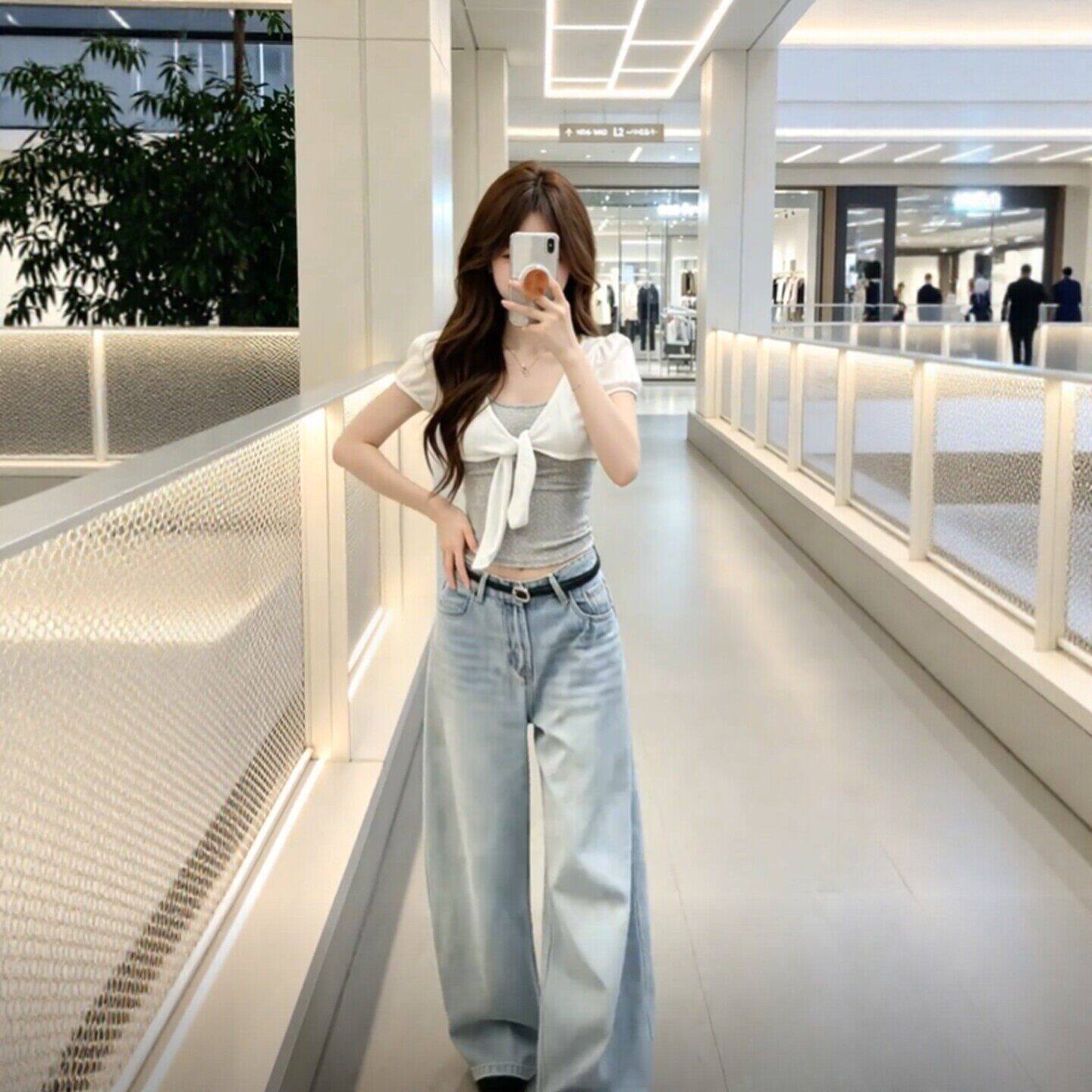 专柜韩系小个子超好看假两件波点收腰修身T恤减龄小众不撞款上衣2