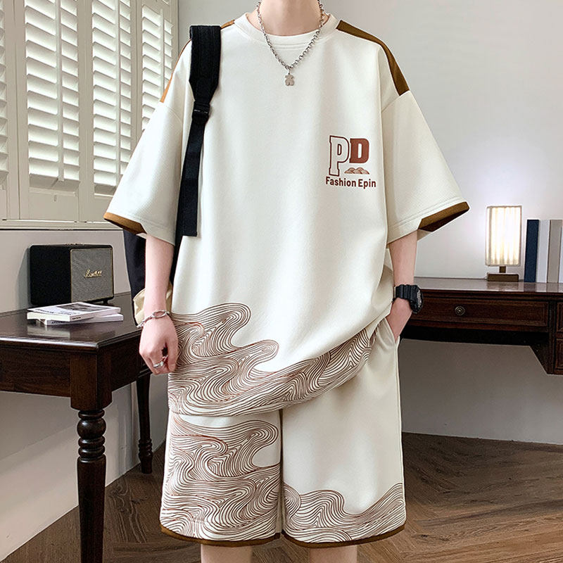 专柜国风短袖短裤套装男夏季冰丝半袖t恤男休闲运动一套搭配帅气