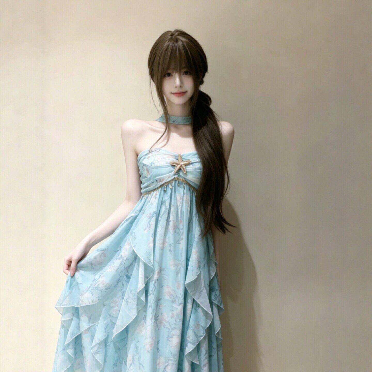 专柜法式漂亮独特抹胸碎花不规则长裙子设计感度假风连衣裙26夏天