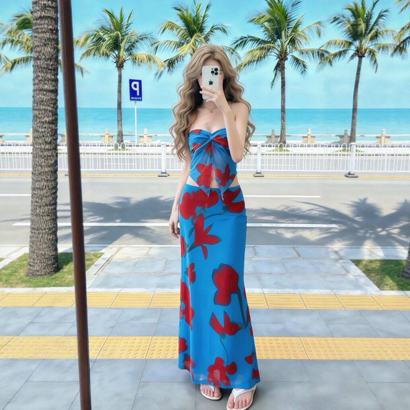 专柜海边度假风绝美抹胸上衣包臀半身裙两件套装一整套ootd穿搭26