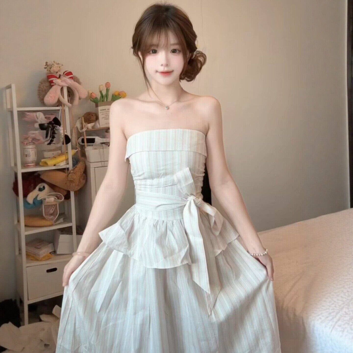 专柜法式温柔风超好看的抹胸条纹掐腰修身长裙绝美不撞款连衣裙26