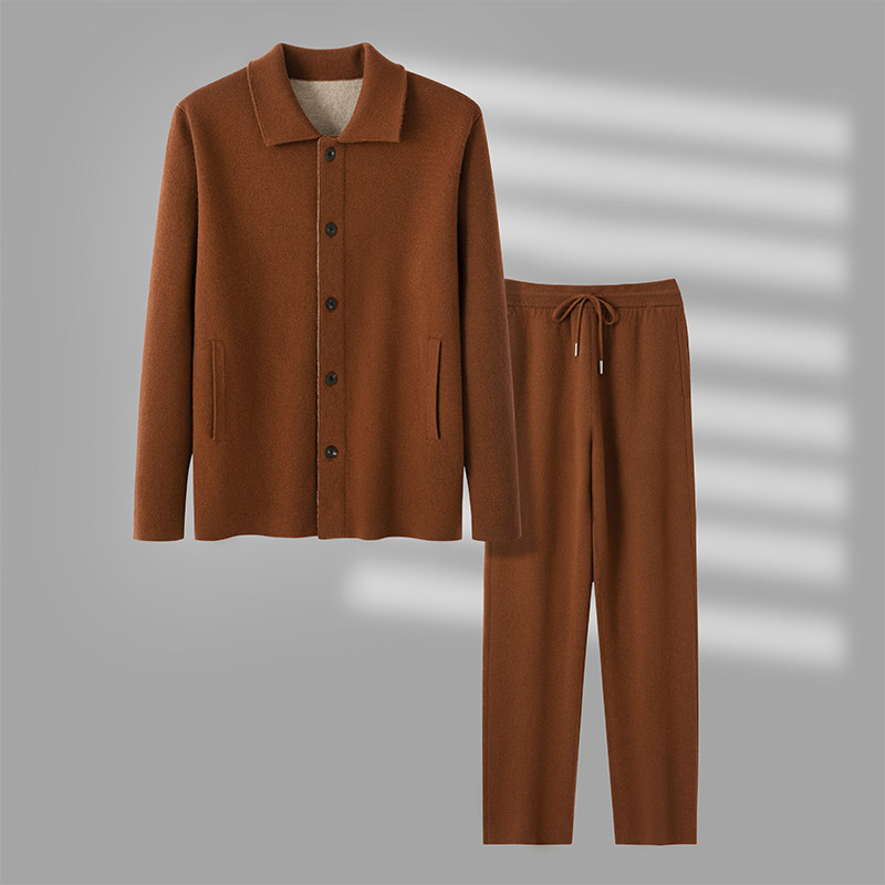 100%纯山羊绒衫套装开衫polo领男秋冬季加厚两件套翻领外套羊绒裤