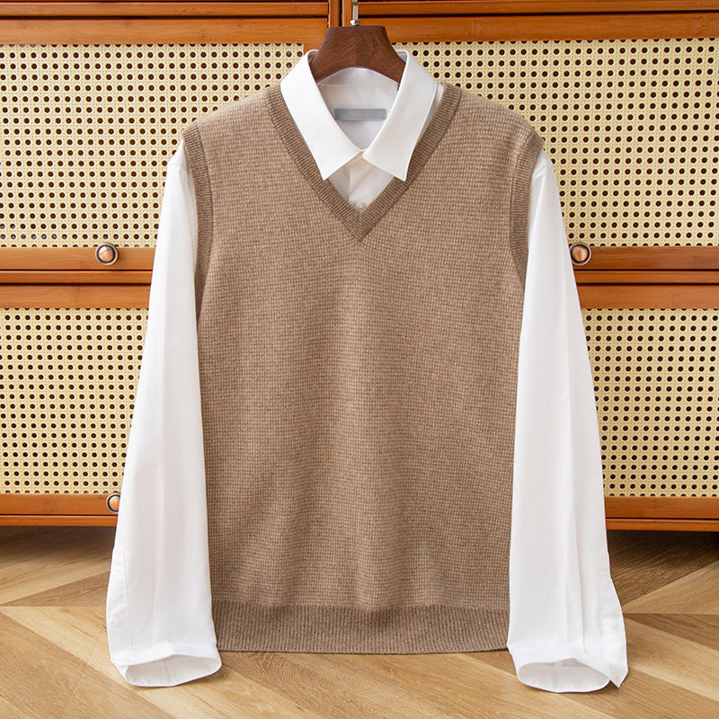 100纯山羊绒衫男马甲背心秋冬季针织打底羊毛保暖V领无袖毛衣坎肩