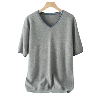 V领短袖T恤男100纯山羊绒衫秋冬针织打底羊毛鸡心领宽松半袖毛衣