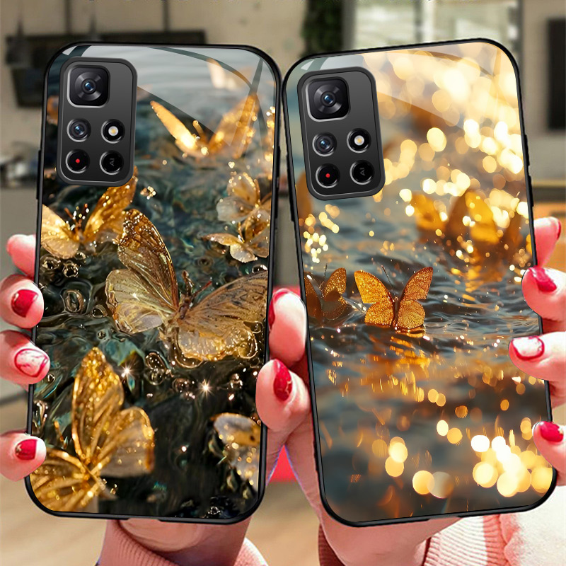 蝴蝶玻璃红米软边硬壳保护套小众