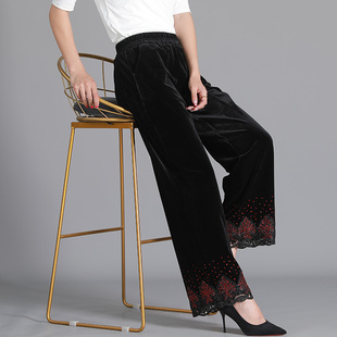2025春秋新品中年妈妈金丝绒蕾丝烫钻阔腿女直筒长裤子显瘦时尚潮