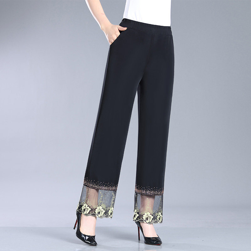 2023新品中年妈妈夏季女士休闲裤阔腿直筒宽松高腰冰丝薄款长裤子