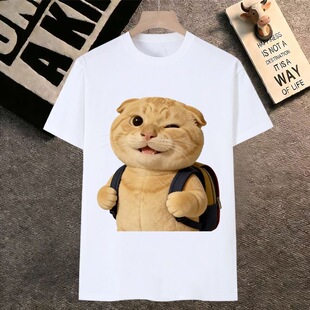 哈基米表情包短袖男t恤女圆头耄耋背书包可爱橘猫meme通勤学生装
