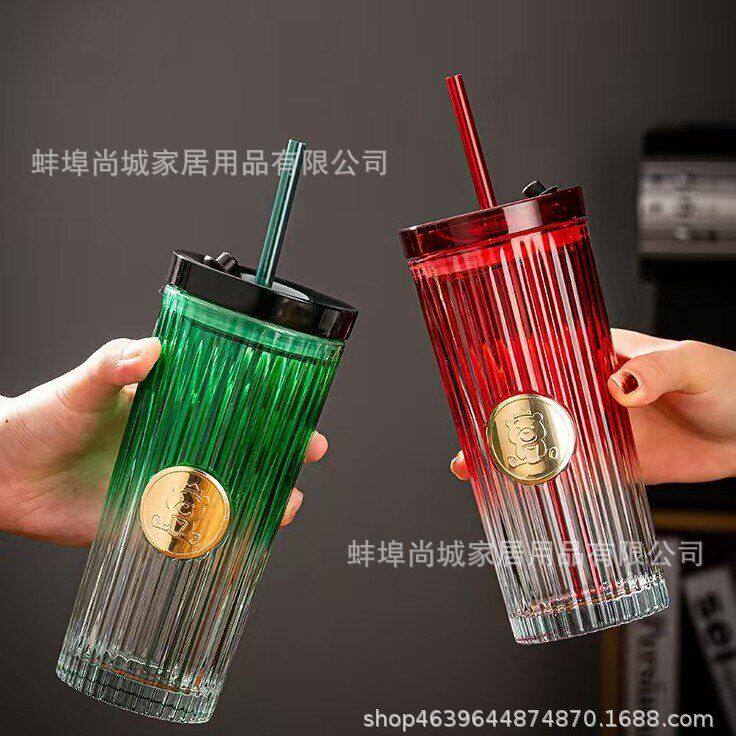 冷饮玻璃杯家用ins果汁竖纹杯渐变风带盖加厚杯吸管杯高颜值咖啡