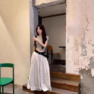 穿韩系夏季甜酷高腰辣妹伞裙字白色大摆休闲半身裙搭长裙风a通勤