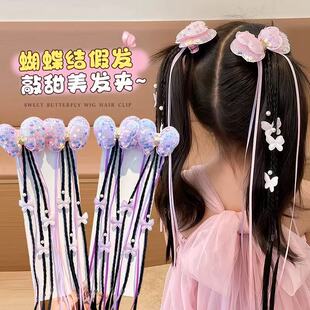 儿童假发辫子发夹公主编发亮片蝴蝶结发卡超仙飘带麻花辫头饰节日