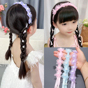 儿童网纱珍珠花朵编发带甜美仙气飘带发箍扎辫子六一舞蹈表演发饰
