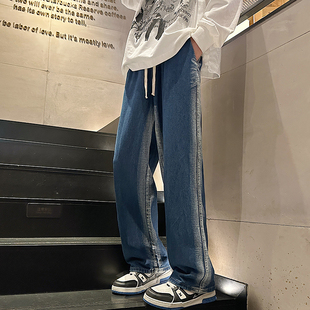 春复古牛仔拼色休闲男女宽松时尚潮流青春港风直筒阔腿休闲男长裤