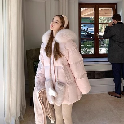 粉色羽绒棉服冬连帽加厚大毛领中长款小个子面包服外套棉衣