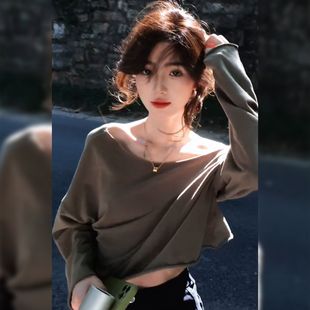 新款 260克雪芙绒刷毛 春秋季 T恤女装 宽松短上衣 韩系辣妹露肩长袖