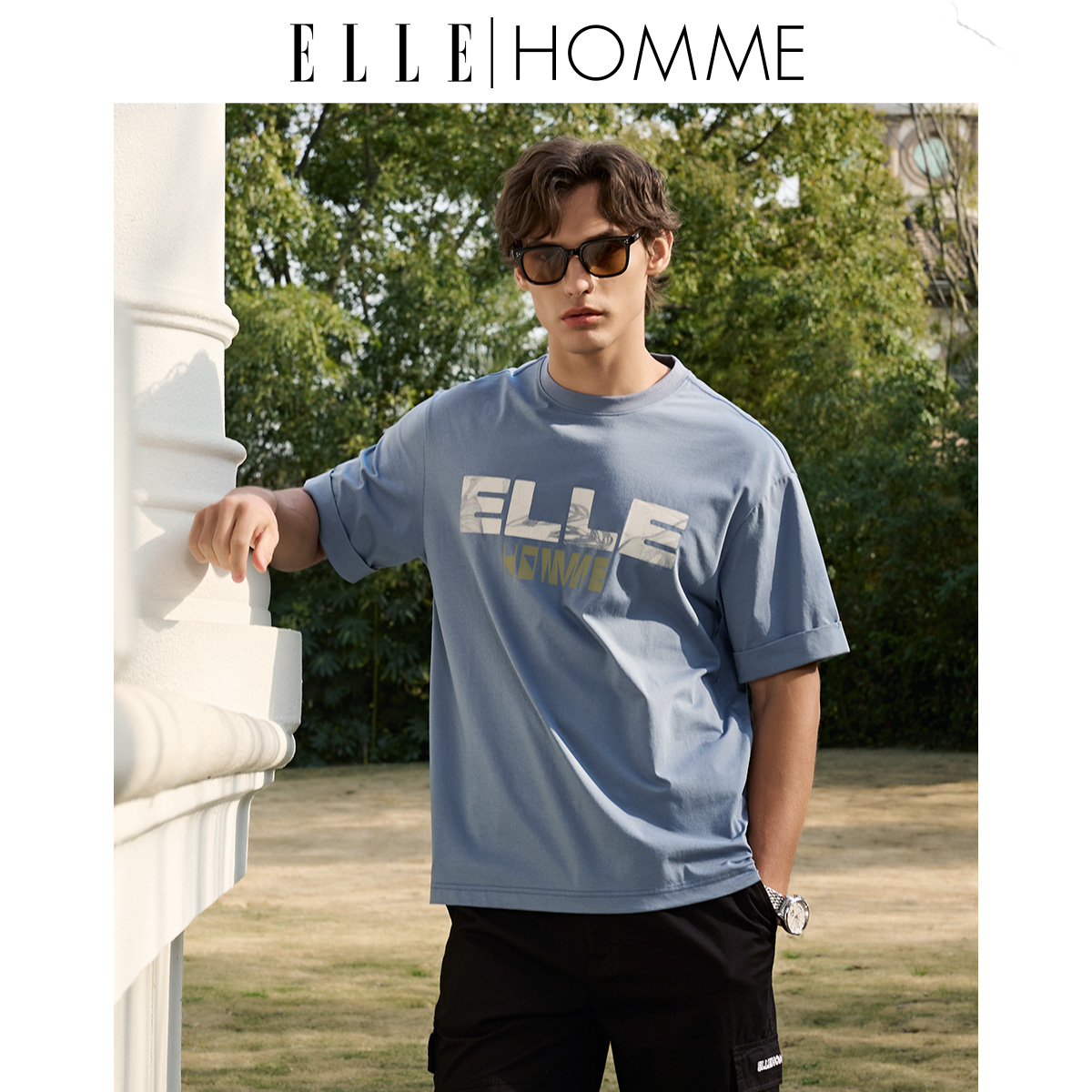 ELLE HOMME男士夏季短袖圆领休闲抗皱凉感都市抗菌青年上衣T恤衫