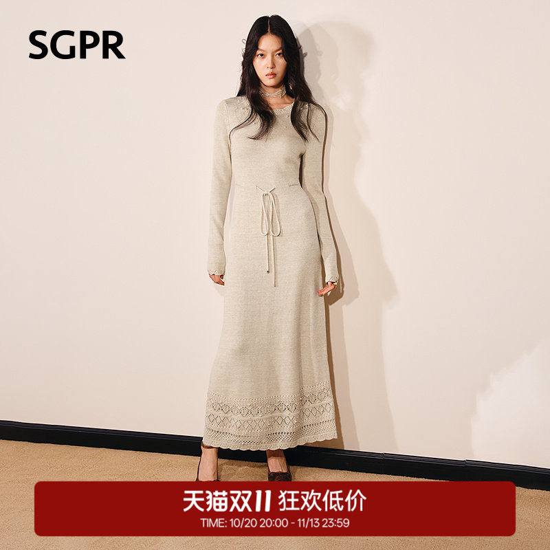 【奥莱】SGPR钉珠收腰毛织波嬉风连衣裙修身针织长裙