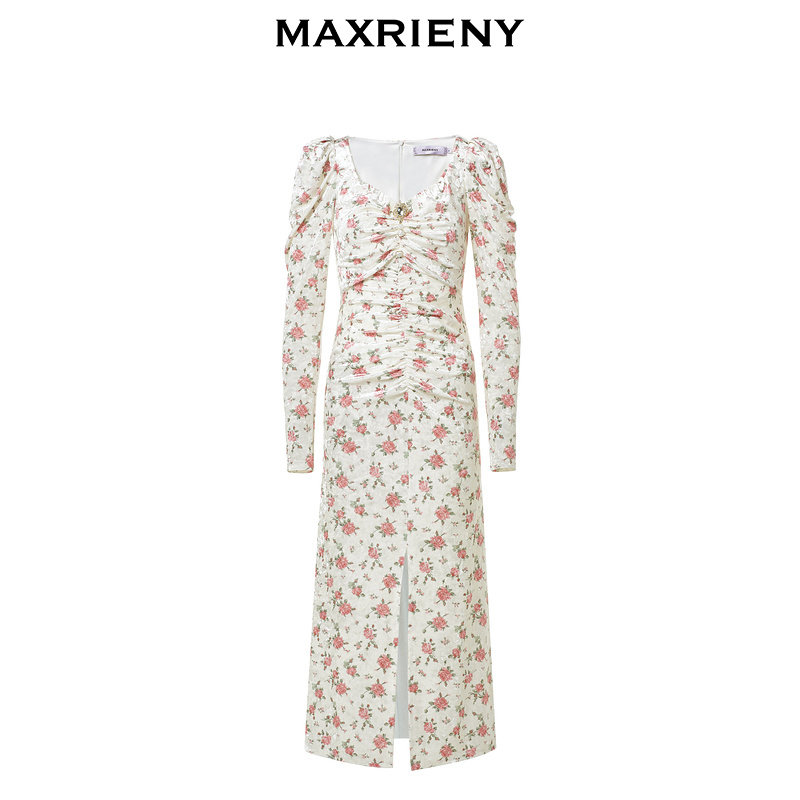 【奥莱】MAXRIENY玫瑰丝绒提花连衣裙度假仙美开叉裙子
