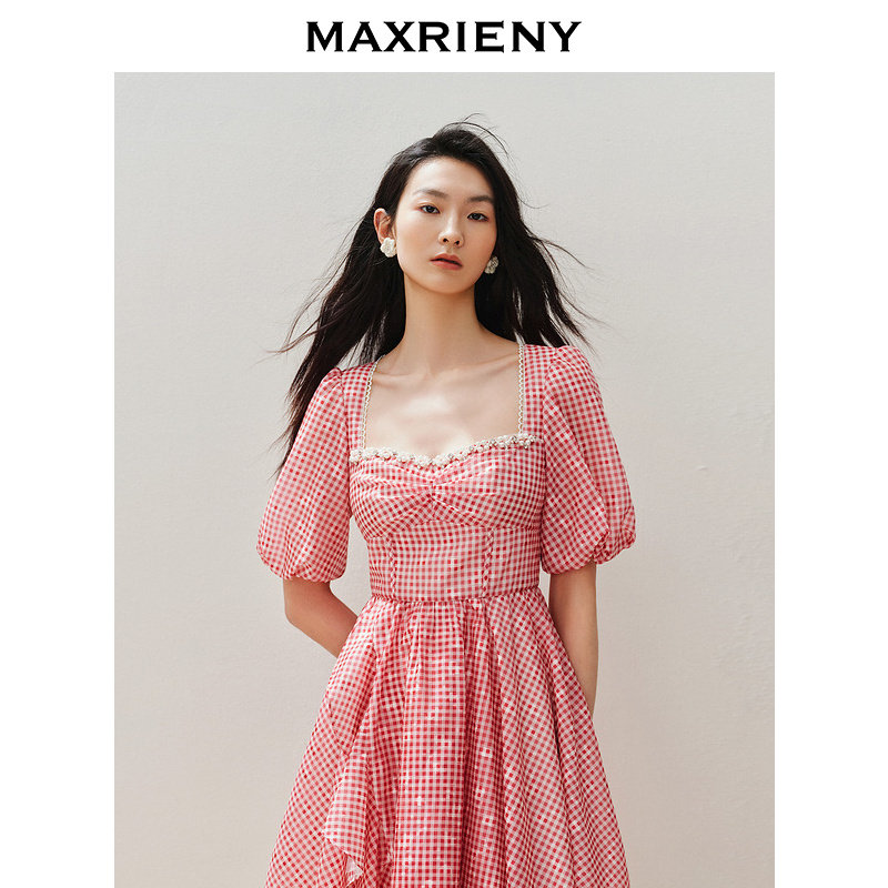 【奥莱】MAXRIENY甜美宫廷风钉珠方领连衣裙茶歇裙